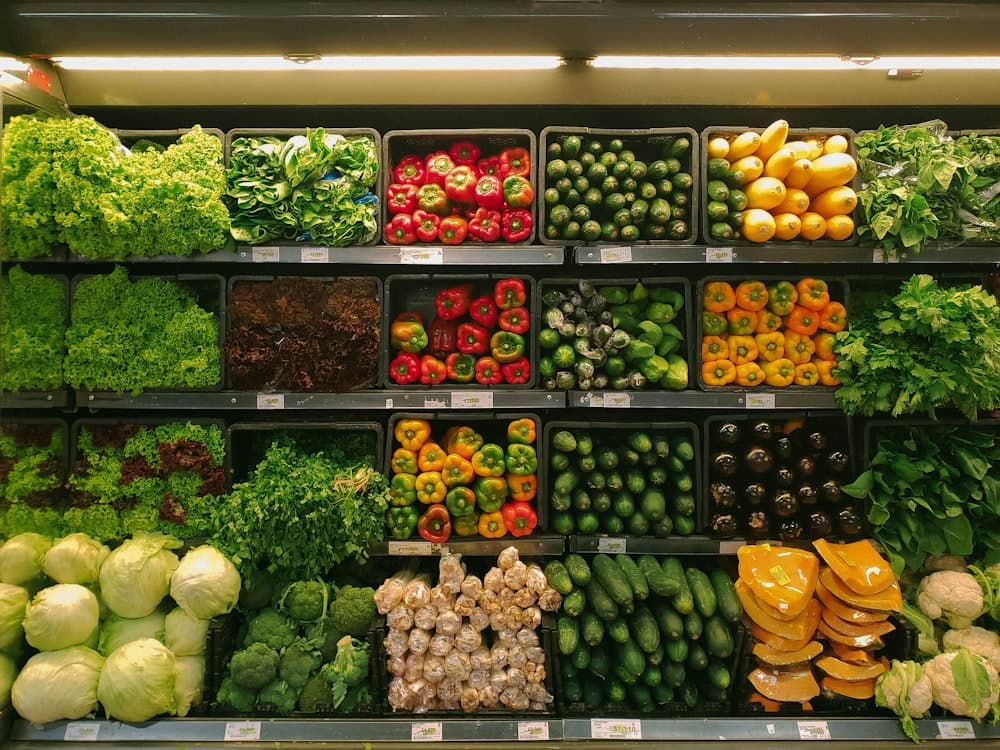 Fresh vegetables displayed in produce baskets